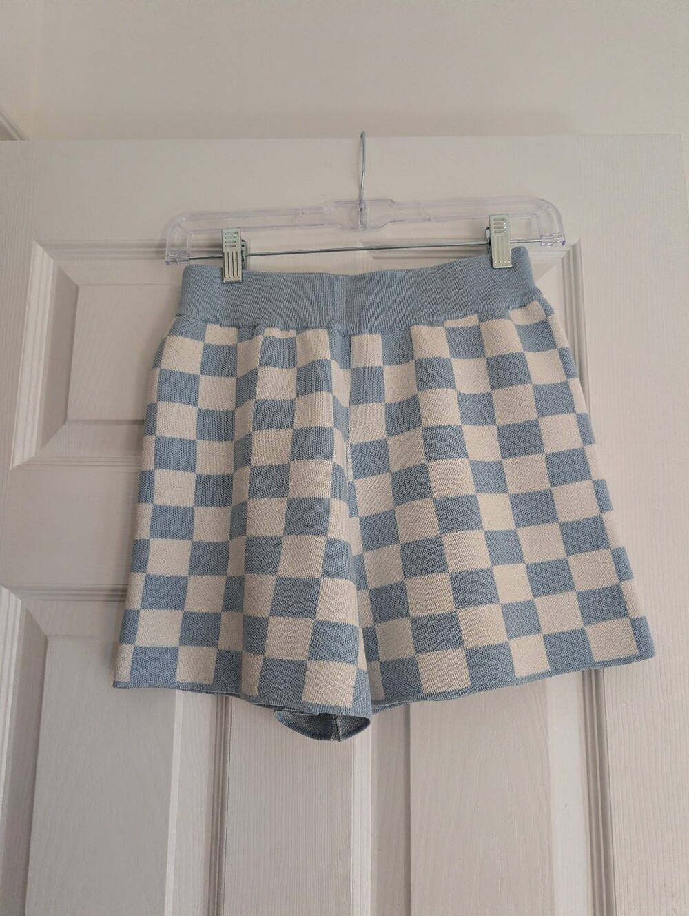OAK + FORT Light Blue and White Checkerboard Knit Shorts